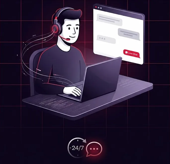 Operatore chat supporto clienti con cuffie alla scrivania
