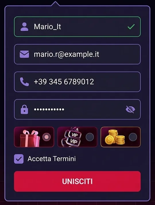 Schermata modulo registrazione con campi compilati