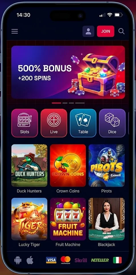 Smartphone con interfaccia casino su schermo colorato